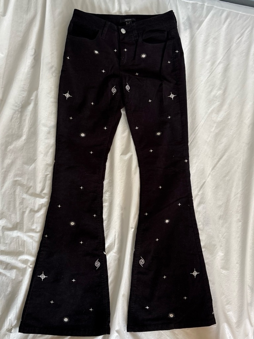 Forever 21 Black Flare Jeans with White Embroidered Stars
